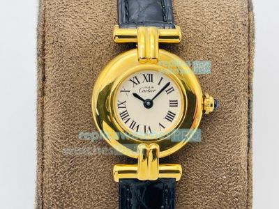 Swiss Must De Cartier Quartz Vintage Watch Gold Case White Dial Black Leather